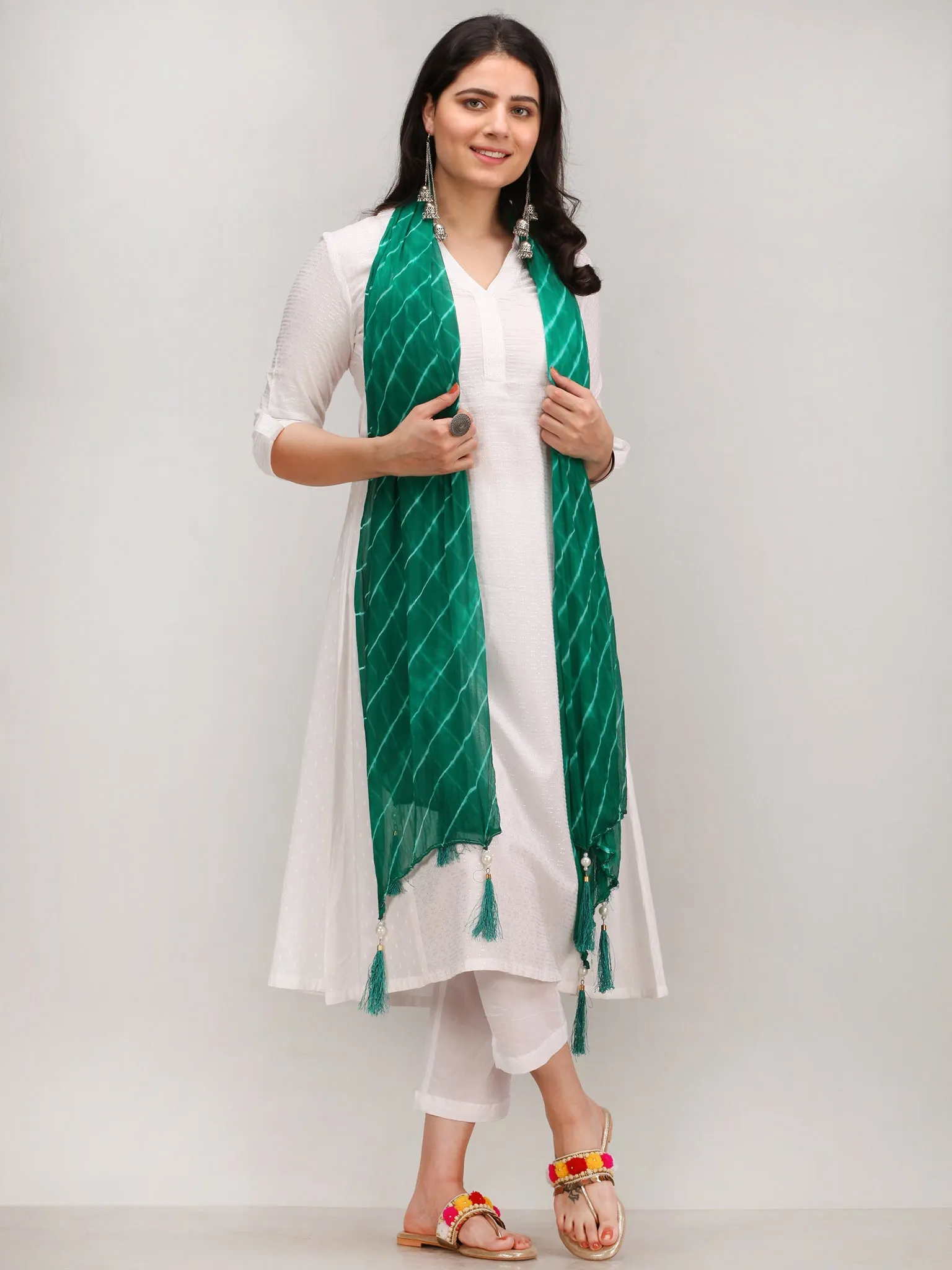 Noor Bazya - Self Emboss Work ALine Kurta Pant Set With Leheriya Dupatta - KS39AXXD5