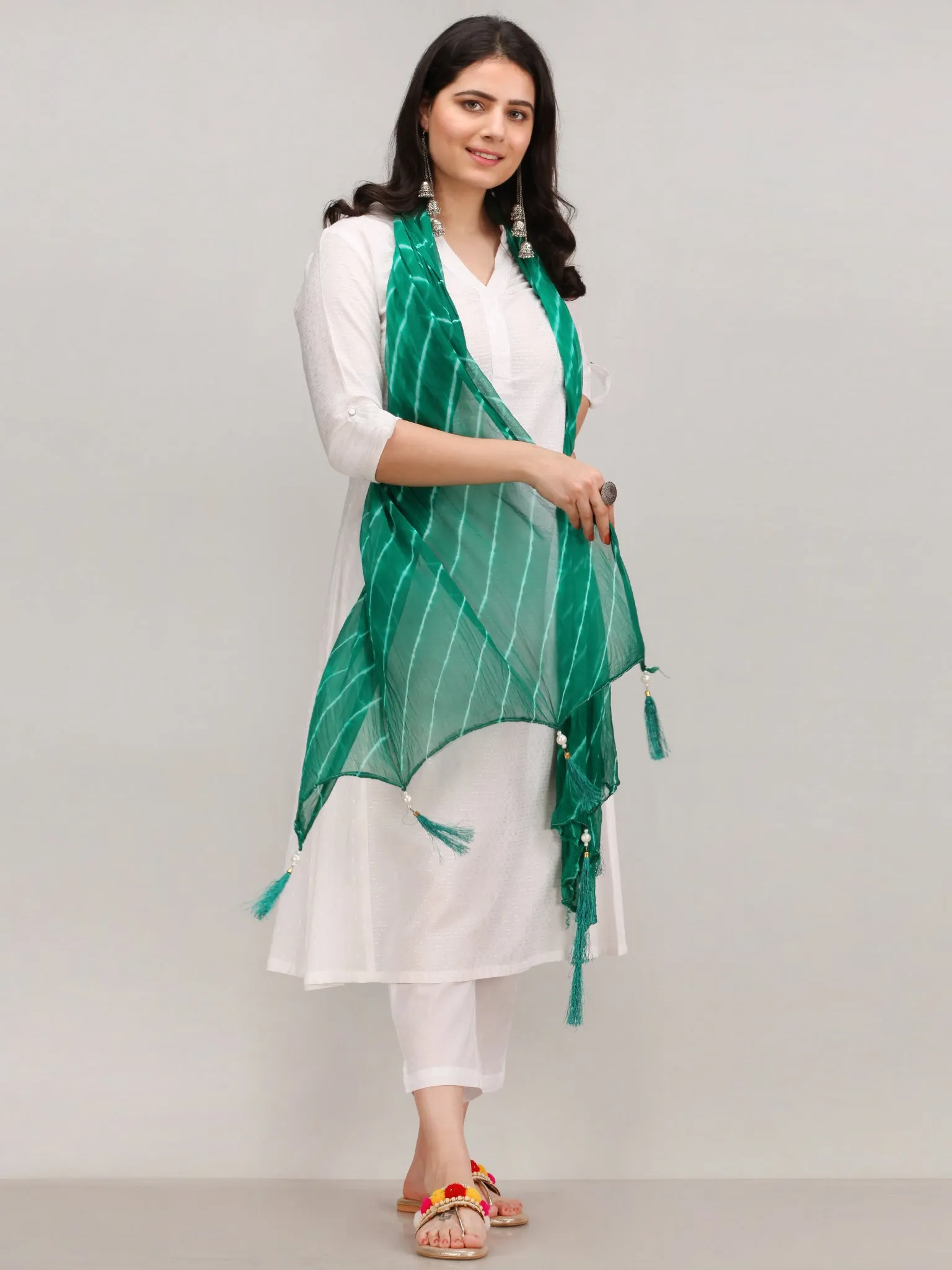 Noor Bazya - Self Emboss Work ALine Kurta Pant Set With Leheriya Dupatta - KS39AXXD5
