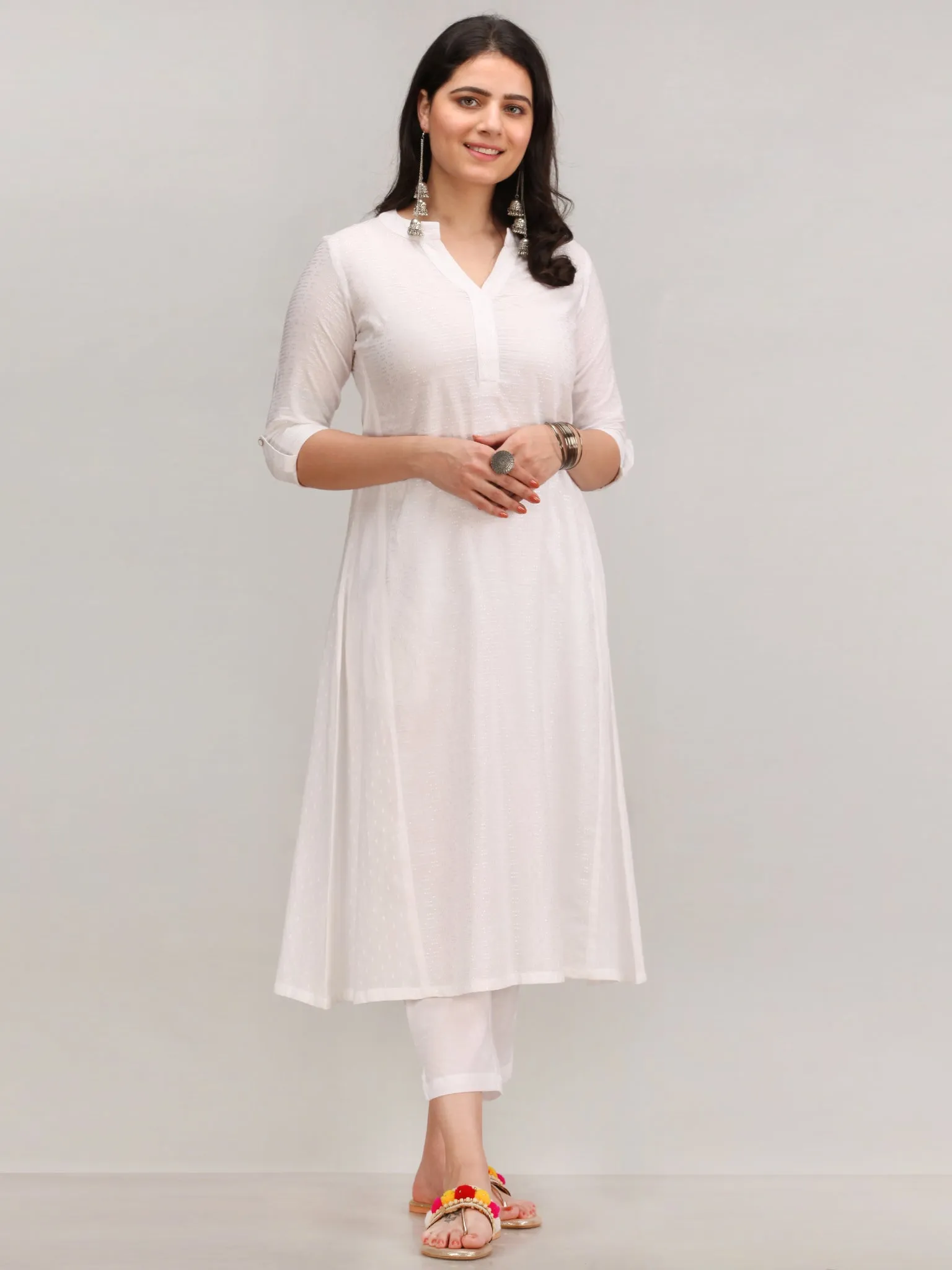 Noor Bazya - Self Emboss Work ALine Kurta Pant Set With Leheriya Dupatta - KS39AXXD5