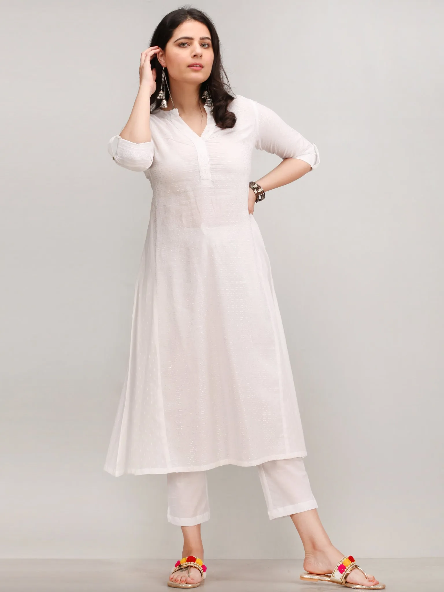 Noor Bazya - Self Emboss Work ALine Kurta Pant Set With Leheriya Dupatta - KS39AXXD5