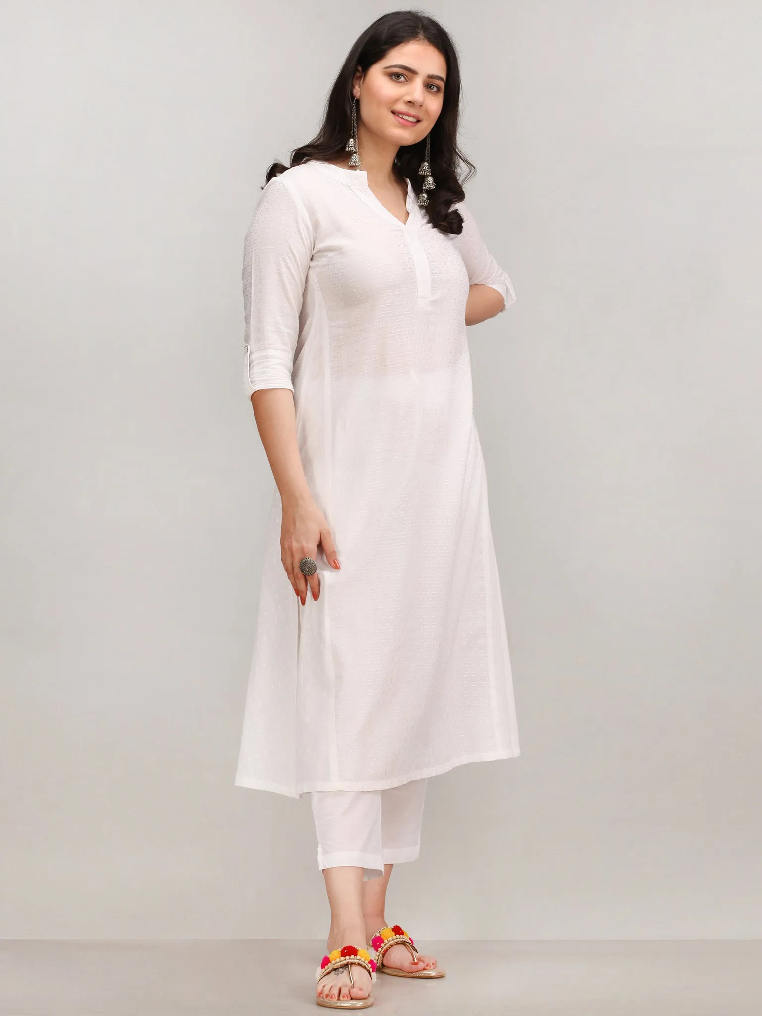 Noor Bazya - Self Emboss Work ALine Kurta Pant Set With Leheriya Dupatta - KS39AXXD5