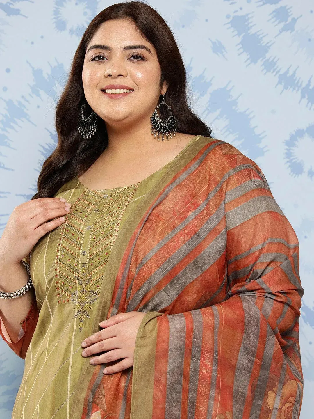 Olive Yoke Design Silk Blend Straight Kurta With Trousers and Dupatta