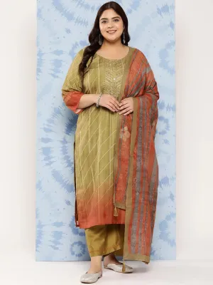Olive Yoke Design Silk Blend Straight Kurta With Trousers and Dupatta