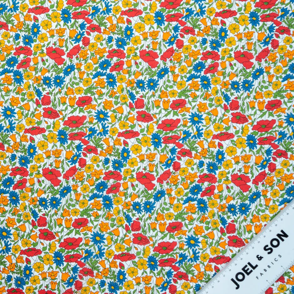 Orange/Yellow/Red/Blue 'Poppy & Daisy' Floral Printed Liberty Tana Lawn Cotton