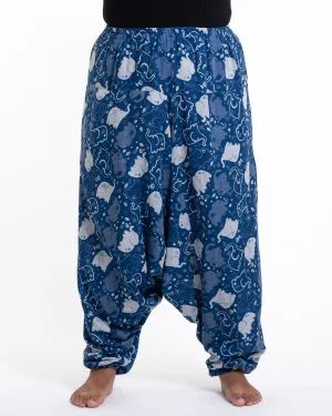 Plus Size Unisex Elephant Prints Low Cut Cotton Harem Pants in Indigo