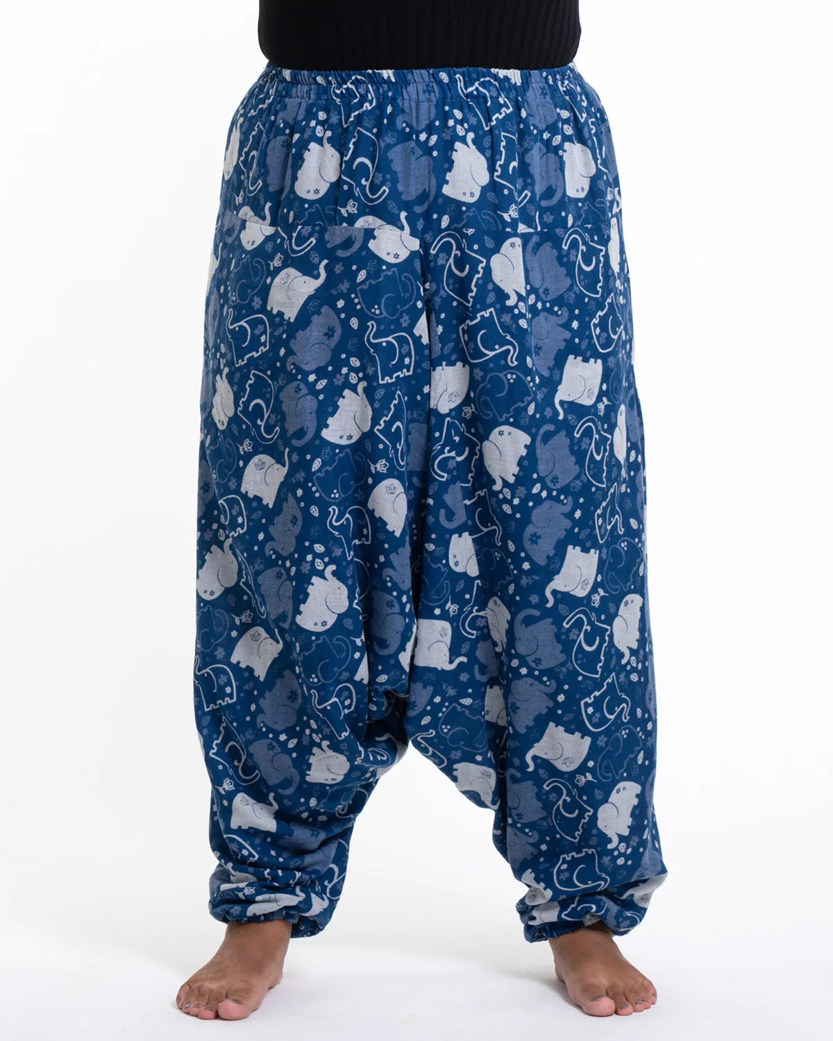 Plus Size Unisex Elephant Prints Low Cut Cotton Harem Pants in Indigo