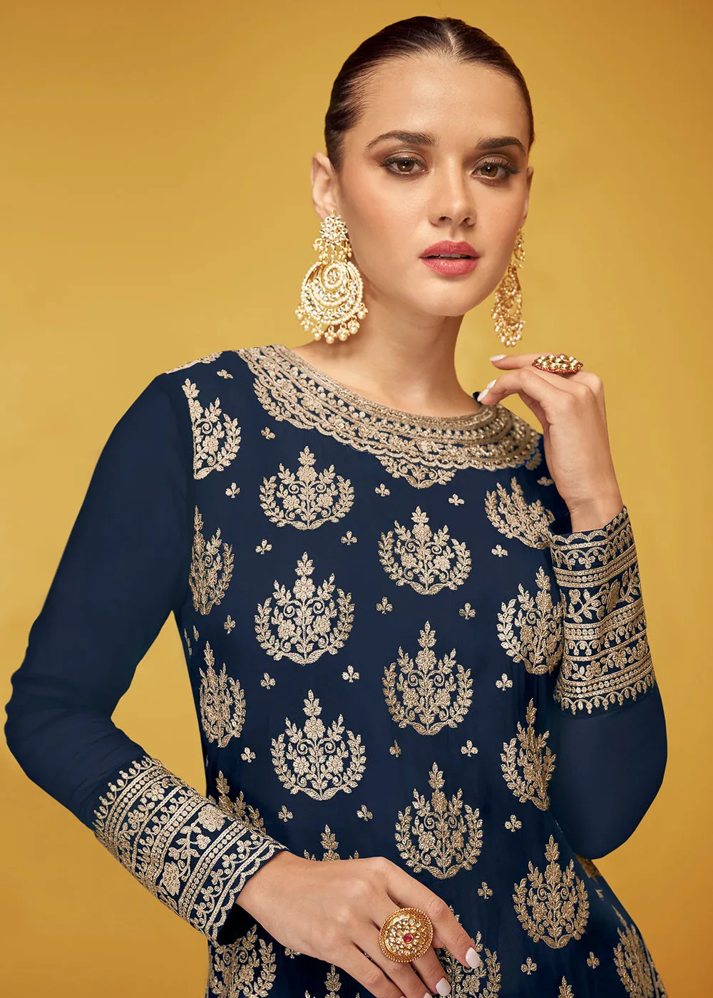 Pure Georgette Riveting Blue Designer Palazzo Suit