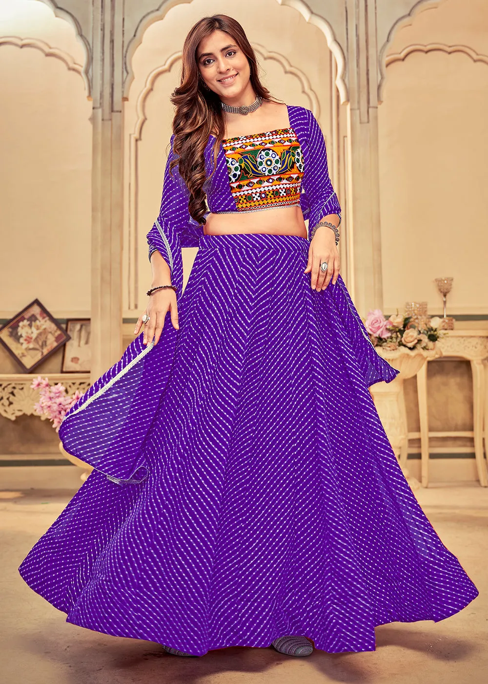 Purple Gamthi Work Georgette Navratri Special Chaniya Choli
