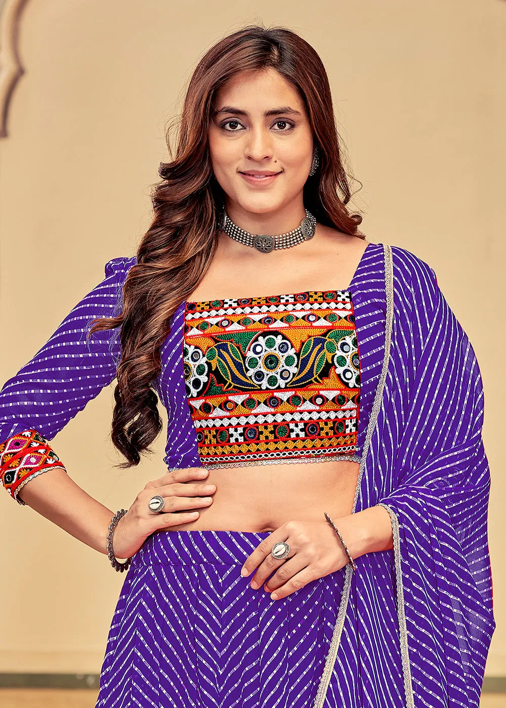 Purple Gamthi Work Georgette Navratri Special Chaniya Choli
