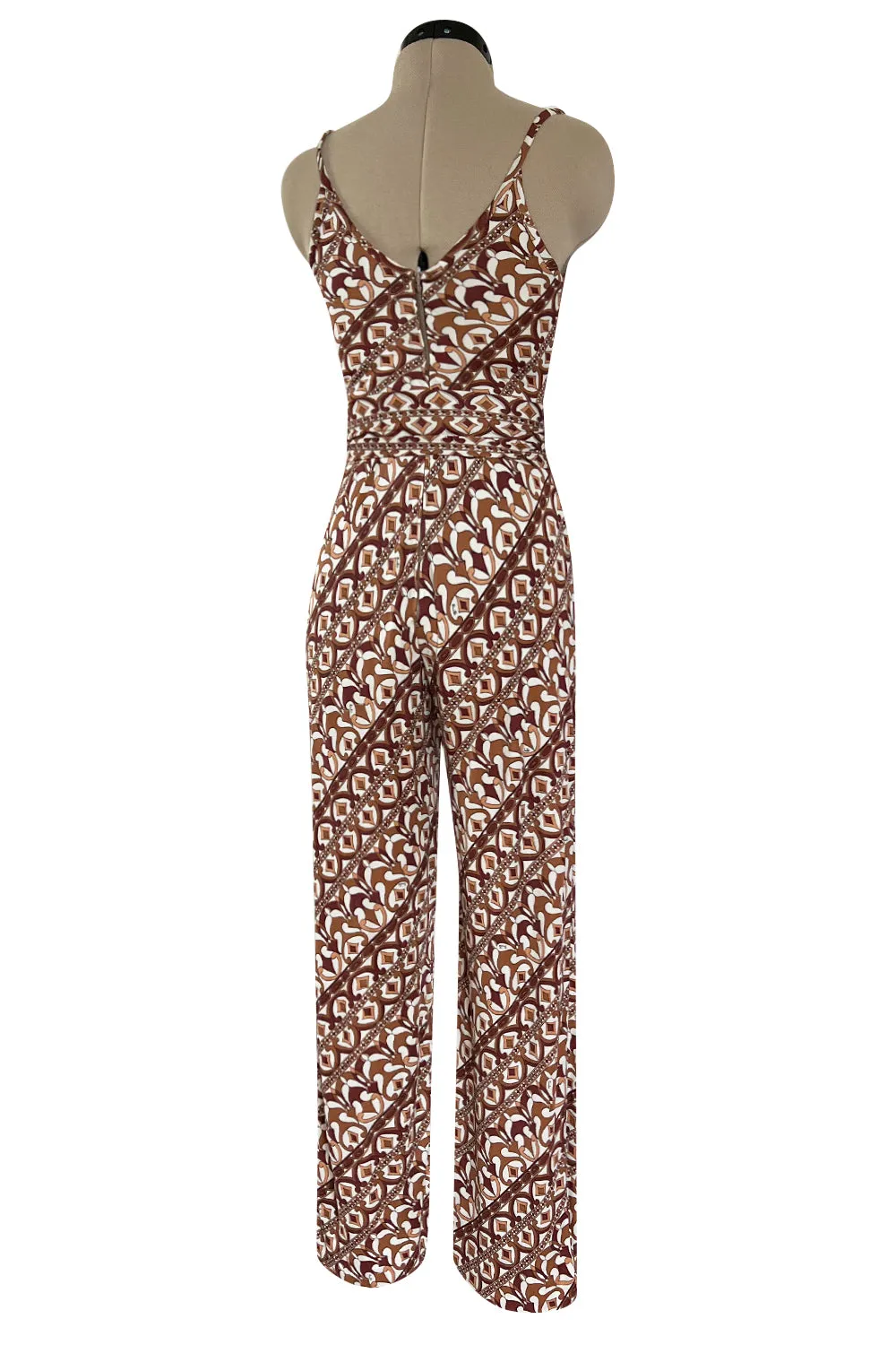 Rare 1970s Emilio Pucci Printed Taupe & White Silk Jersey Halter Jumpsuit w Belt