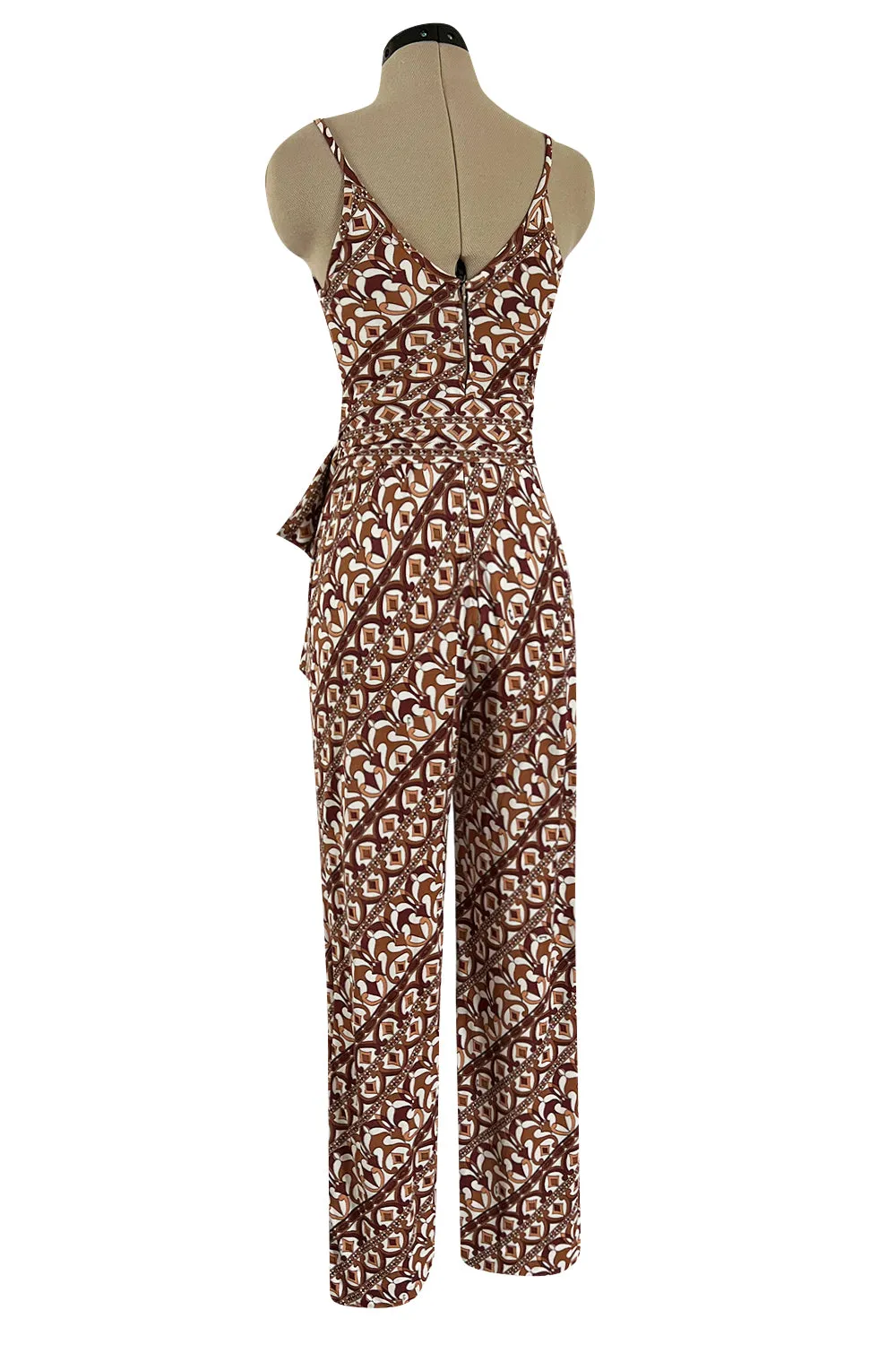Rare 1970s Emilio Pucci Printed Taupe & White Silk Jersey Halter Jumpsuit w Belt