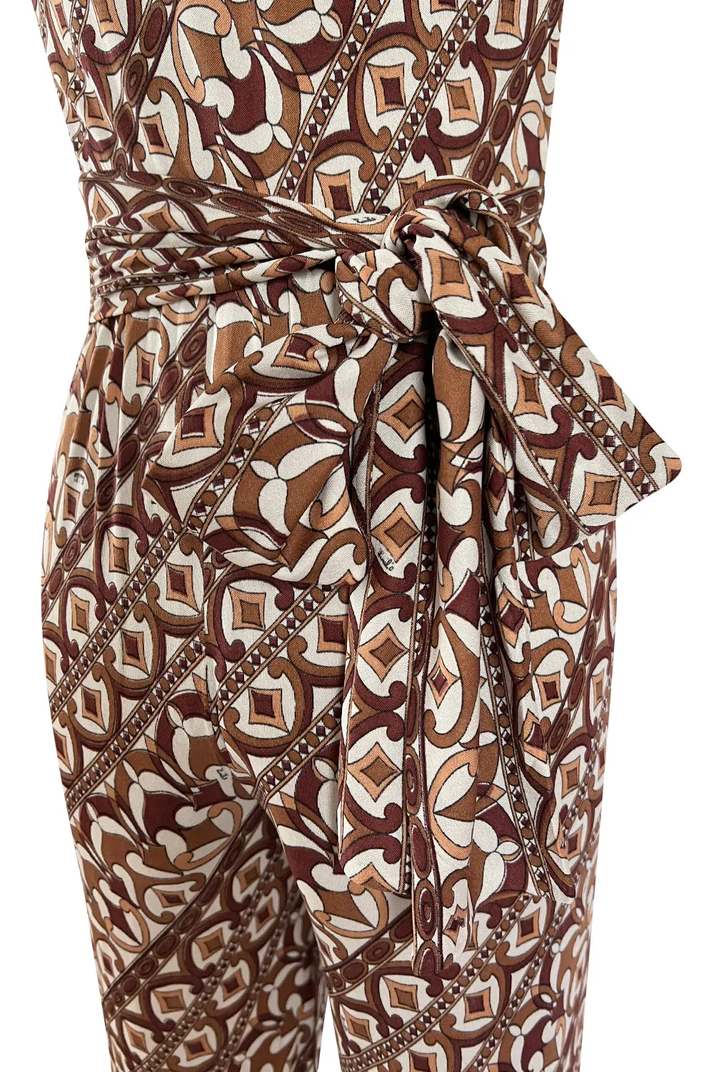 Rare 1970s Emilio Pucci Printed Taupe & White Silk Jersey Halter Jumpsuit w Belt