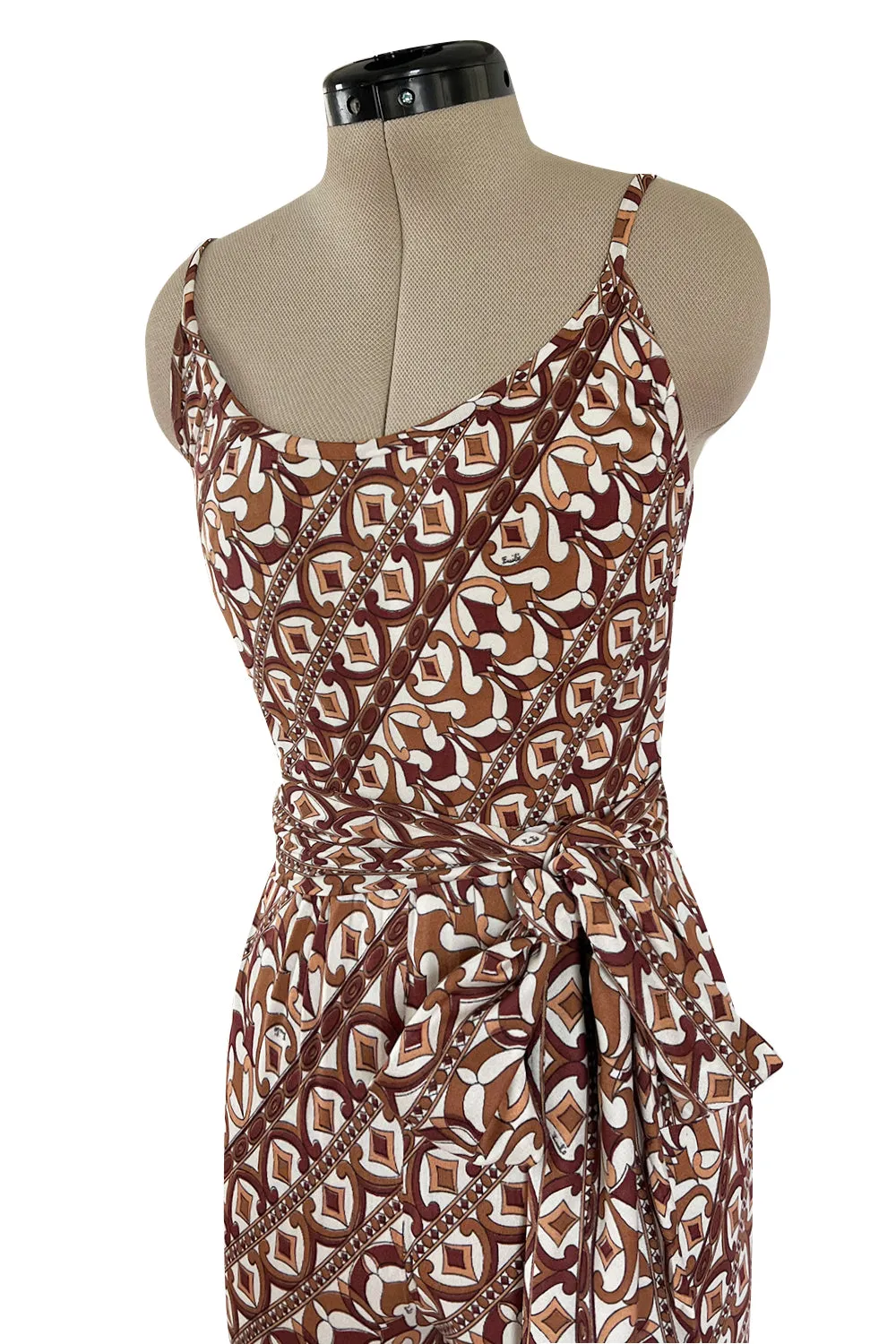 Rare 1970s Emilio Pucci Printed Taupe & White Silk Jersey Halter Jumpsuit w Belt