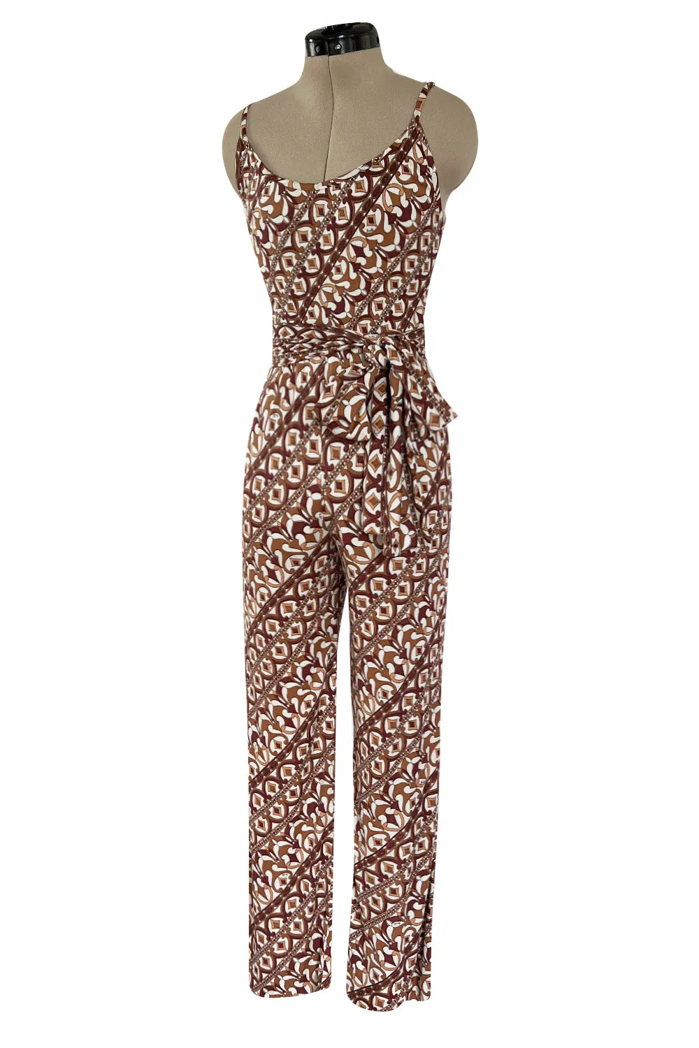 Rare 1970s Emilio Pucci Printed Taupe & White Silk Jersey Halter Jumpsuit w Belt