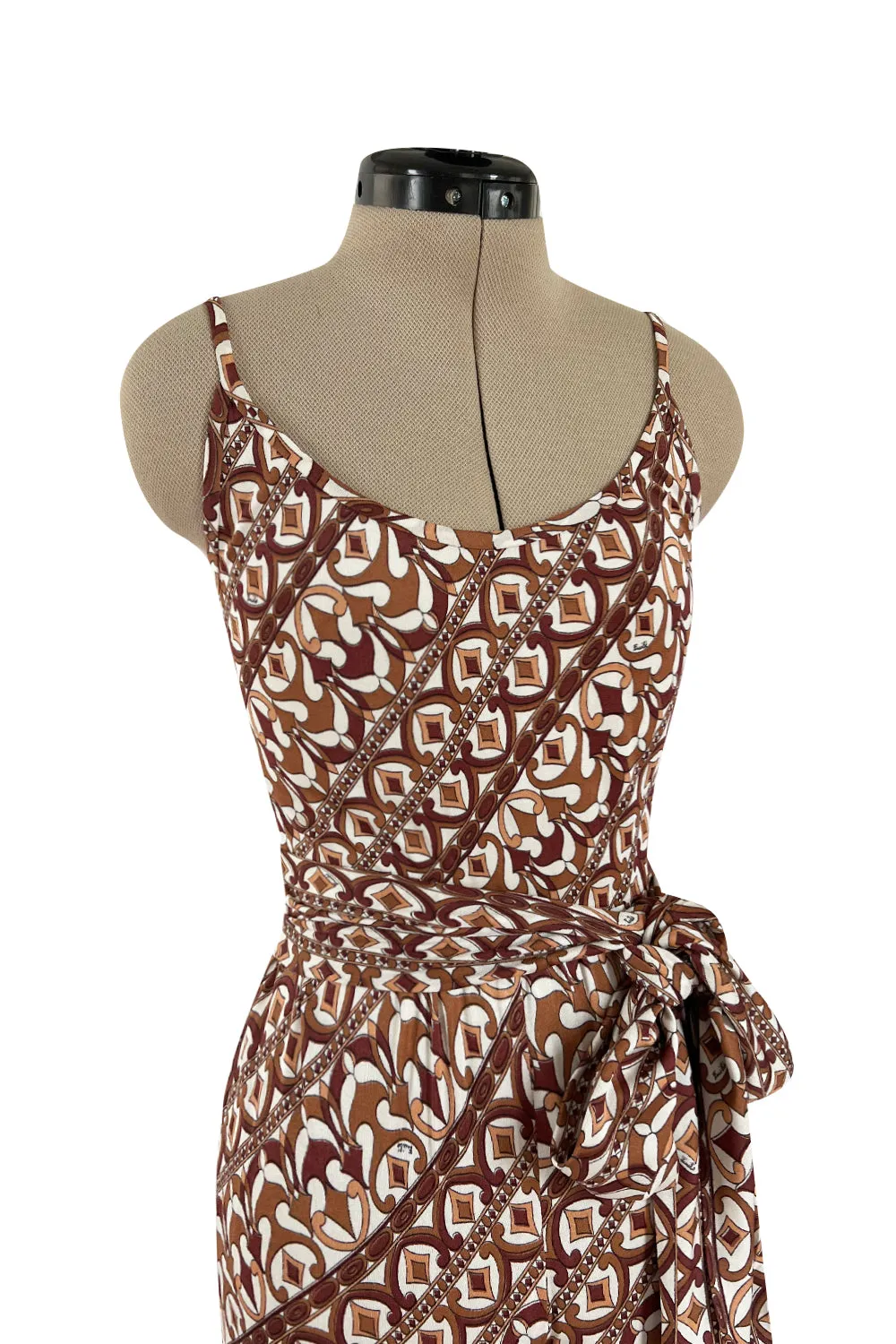 Rare 1970s Emilio Pucci Printed Taupe & White Silk Jersey Halter Jumpsuit w Belt