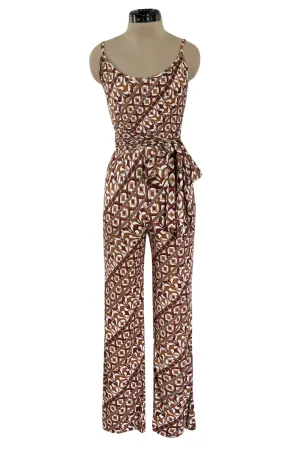 Rare 1970s Emilio Pucci Printed Taupe & White Silk Jersey Halter Jumpsuit w Belt