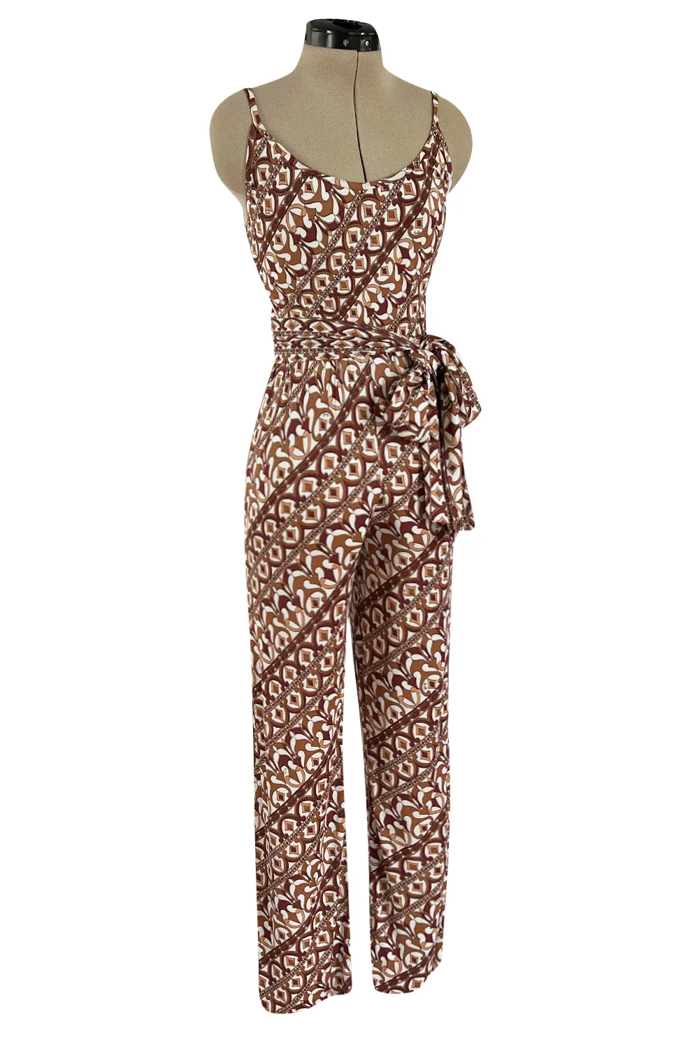 Rare 1970s Emilio Pucci Printed Taupe & White Silk Jersey Halter Jumpsuit w Belt
