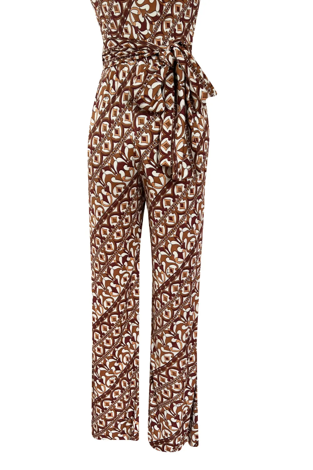 Rare 1970s Emilio Pucci Printed Taupe & White Silk Jersey Halter Jumpsuit w Belt