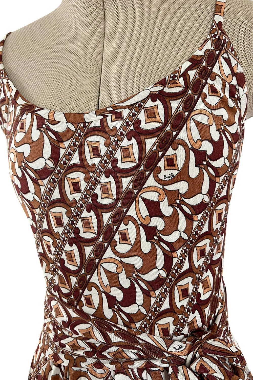 Rare 1970s Emilio Pucci Printed Taupe & White Silk Jersey Halter Jumpsuit w Belt