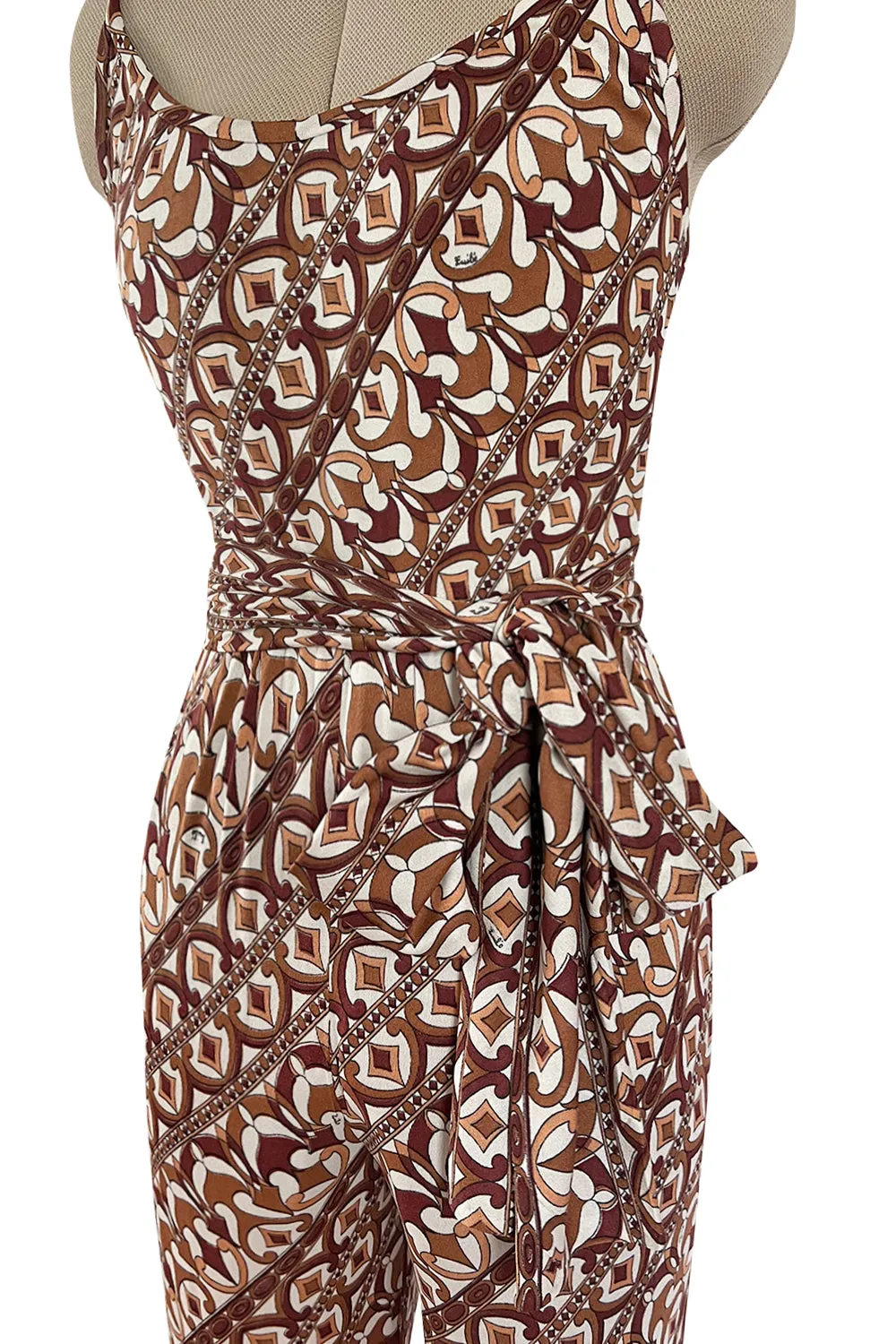 Rare 1970s Emilio Pucci Printed Taupe & White Silk Jersey Halter Jumpsuit w Belt