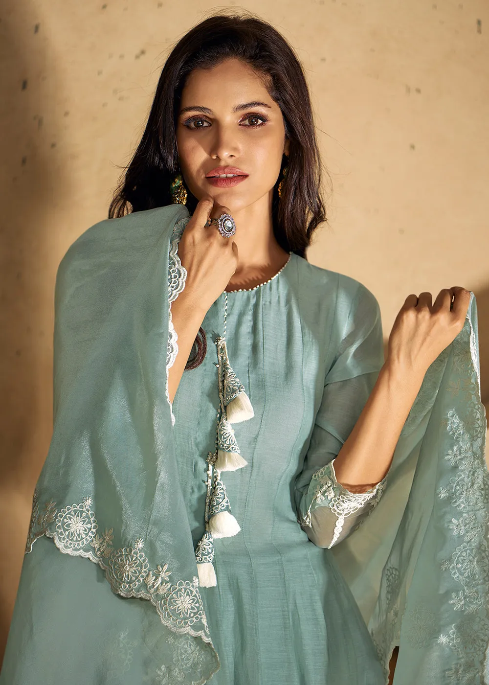 Real Silk Blue Anarkali Style Pant Salwar Suit