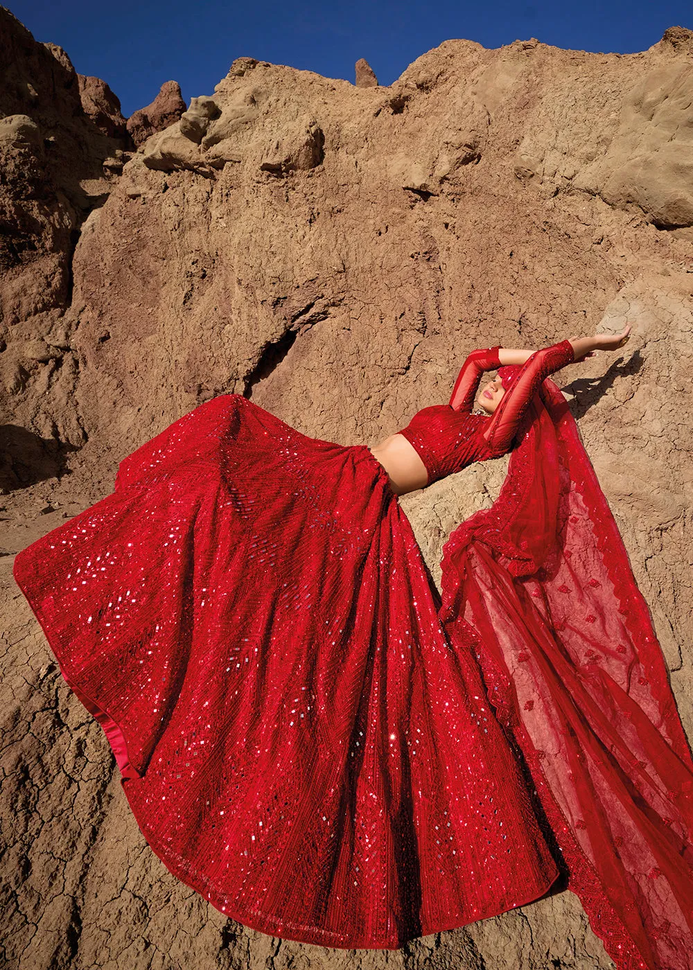 Red Embroidered Pure Net Designer Bridal Lehenga Choli