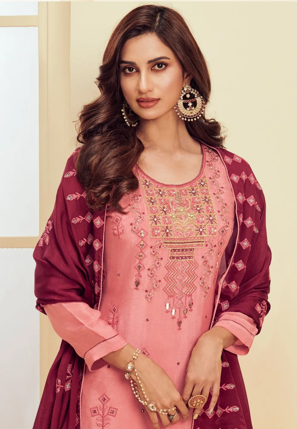 Rough Pink Pakistani Style Embroidered Suit