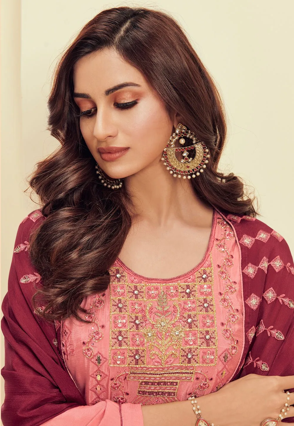 Rough Pink Pakistani Style Embroidered Suit