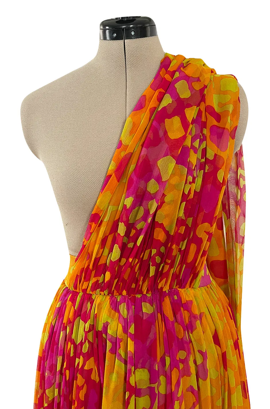 Spring 1967 Pauline Trigere Vogue Documented Printed Silk Chiffon Jumpsuit w Multi Way Front