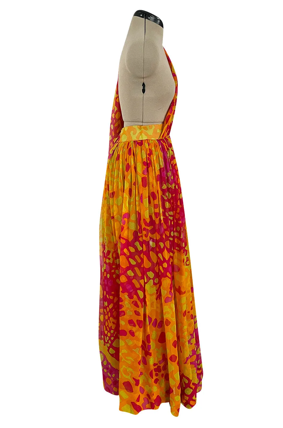 Spring 1967 Pauline Trigere Vogue Documented Printed Silk Chiffon Jumpsuit w Multi Way Front