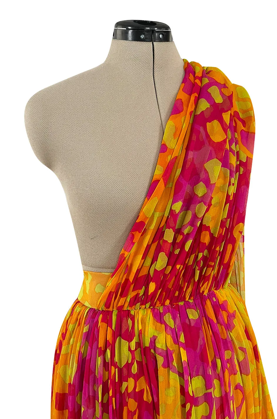 Spring 1967 Pauline Trigere Vogue Documented Printed Silk Chiffon Jumpsuit w Multi Way Front