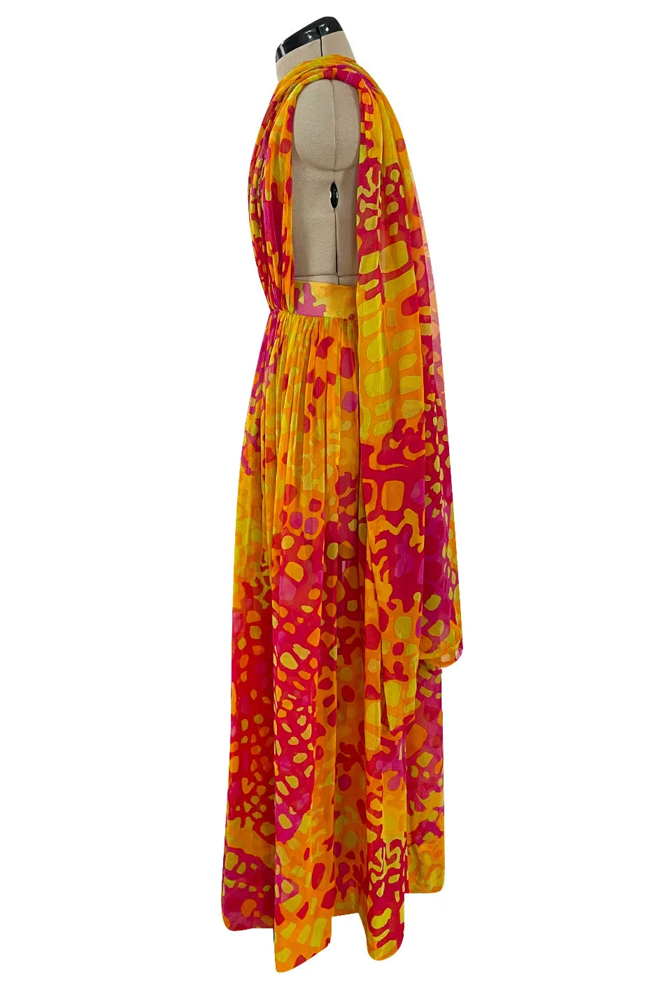 Spring 1967 Pauline Trigere Vogue Documented Printed Silk Chiffon Jumpsuit w Multi Way Front