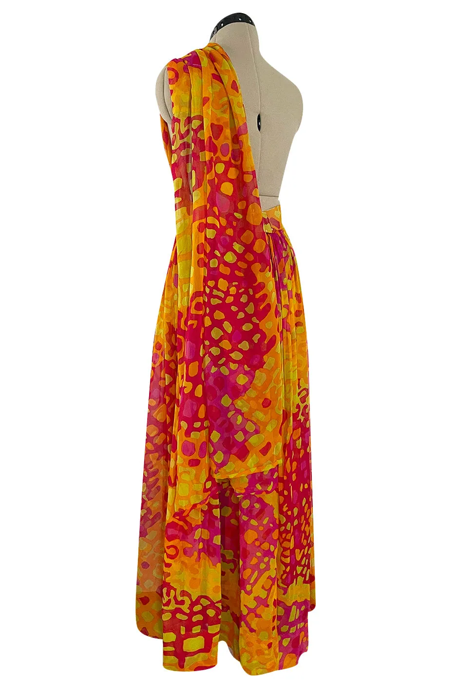 Spring 1967 Pauline Trigere Vogue Documented Printed Silk Chiffon Jumpsuit w Multi Way Front