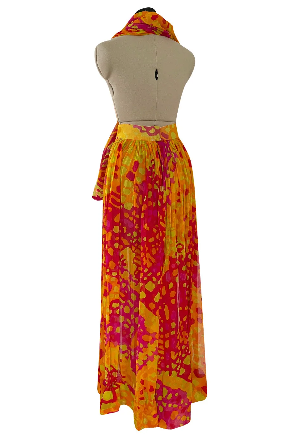 Spring 1967 Pauline Trigere Vogue Documented Printed Silk Chiffon Jumpsuit w Multi Way Front