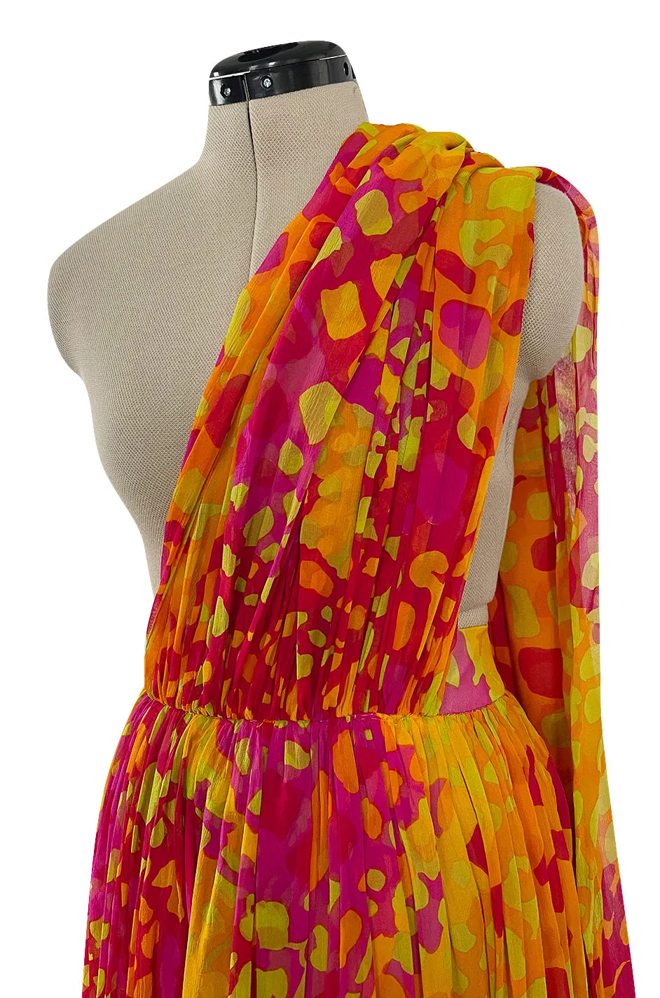Spring 1967 Pauline Trigere Vogue Documented Printed Silk Chiffon Jumpsuit w Multi Way Front