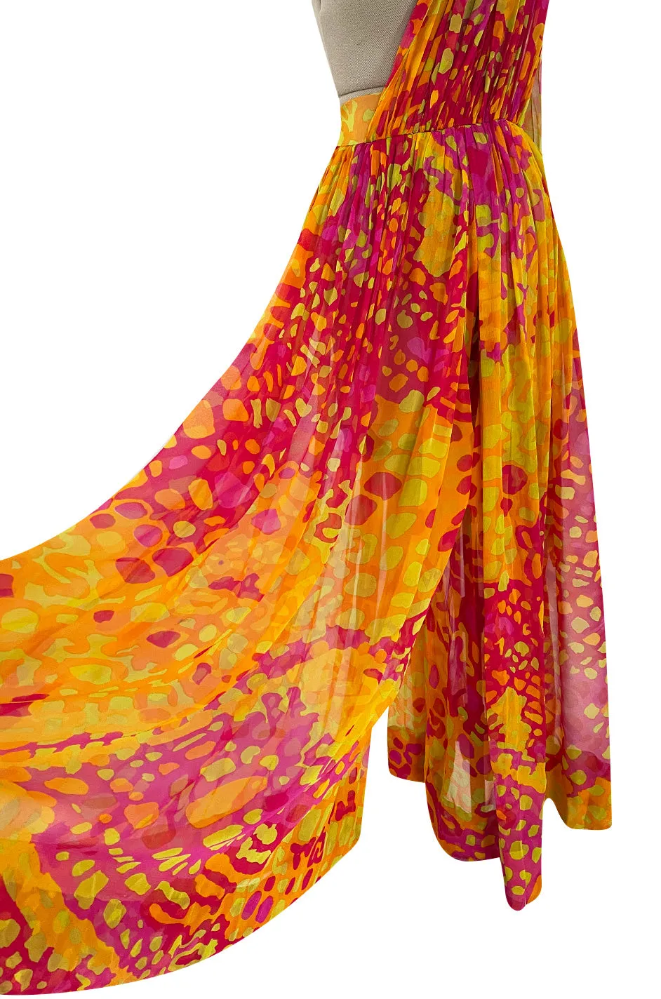 Spring 1967 Pauline Trigere Vogue Documented Printed Silk Chiffon Jumpsuit w Multi Way Front