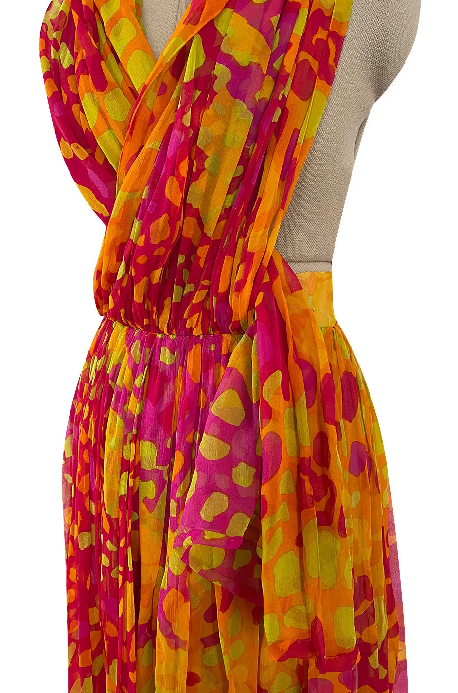 Spring 1967 Pauline Trigere Vogue Documented Printed Silk Chiffon Jumpsuit w Multi Way Front