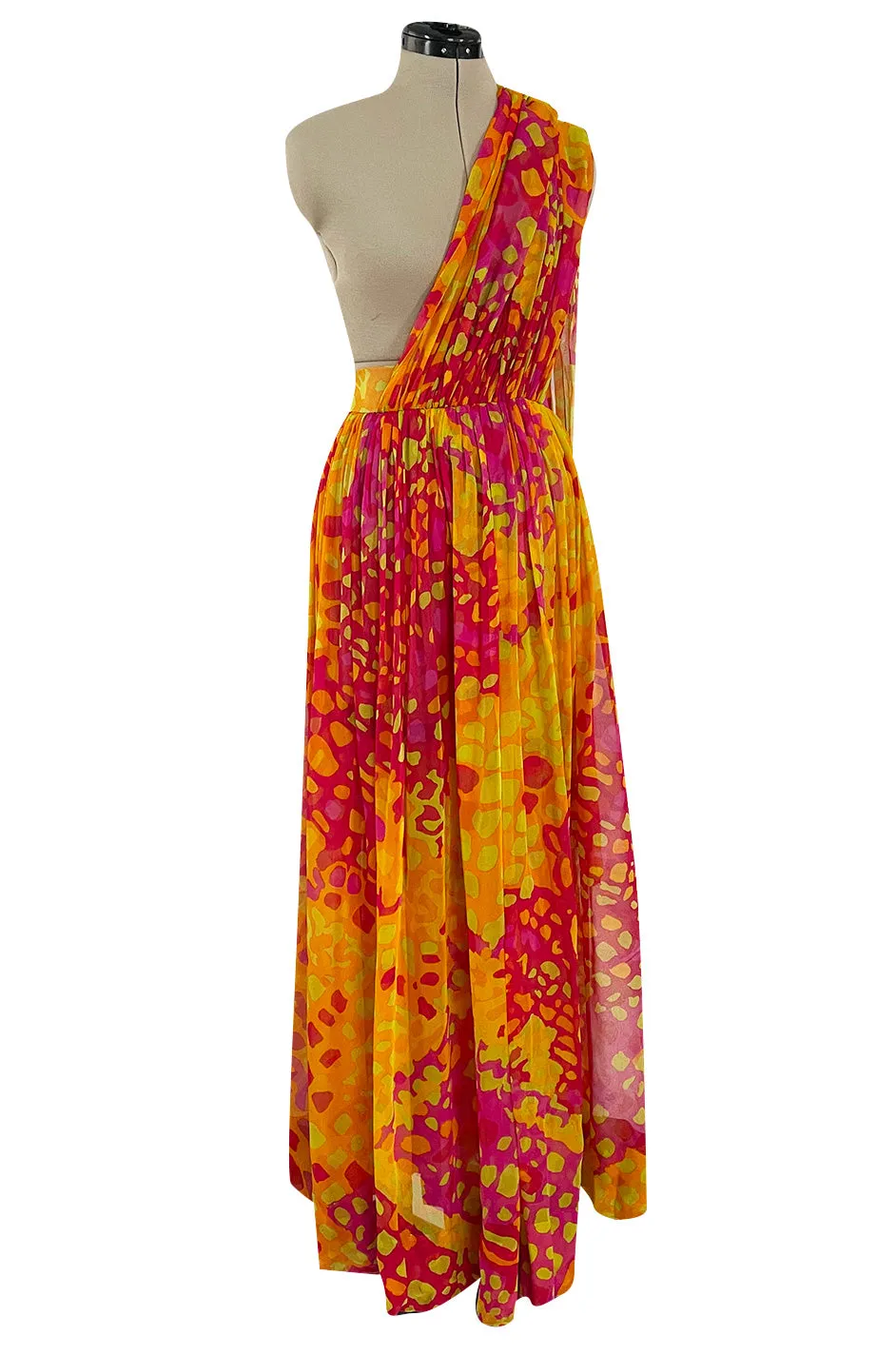 Spring 1967 Pauline Trigere Vogue Documented Printed Silk Chiffon Jumpsuit w Multi Way Front