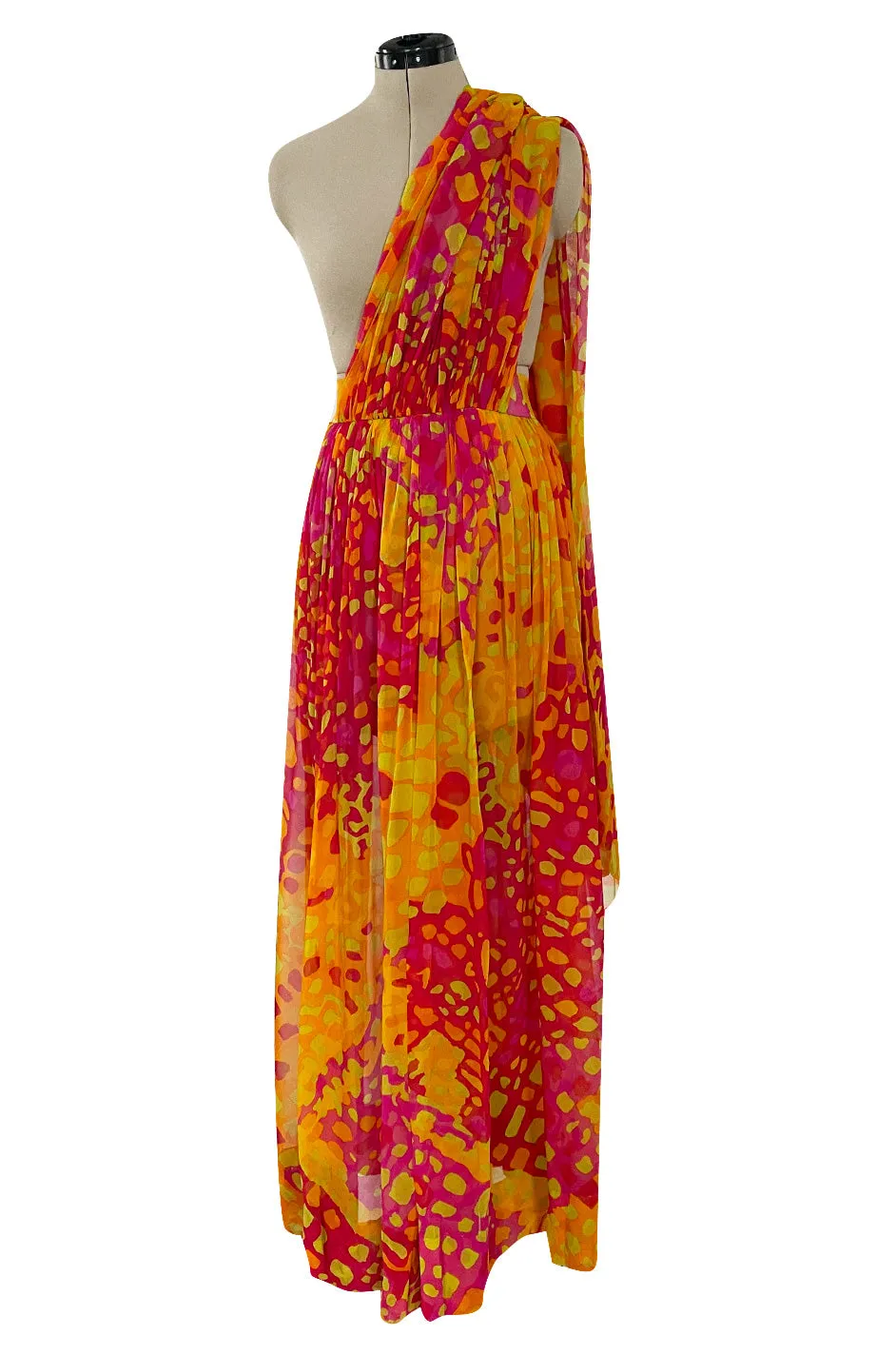 Spring 1967 Pauline Trigere Vogue Documented Printed Silk Chiffon Jumpsuit w Multi Way Front