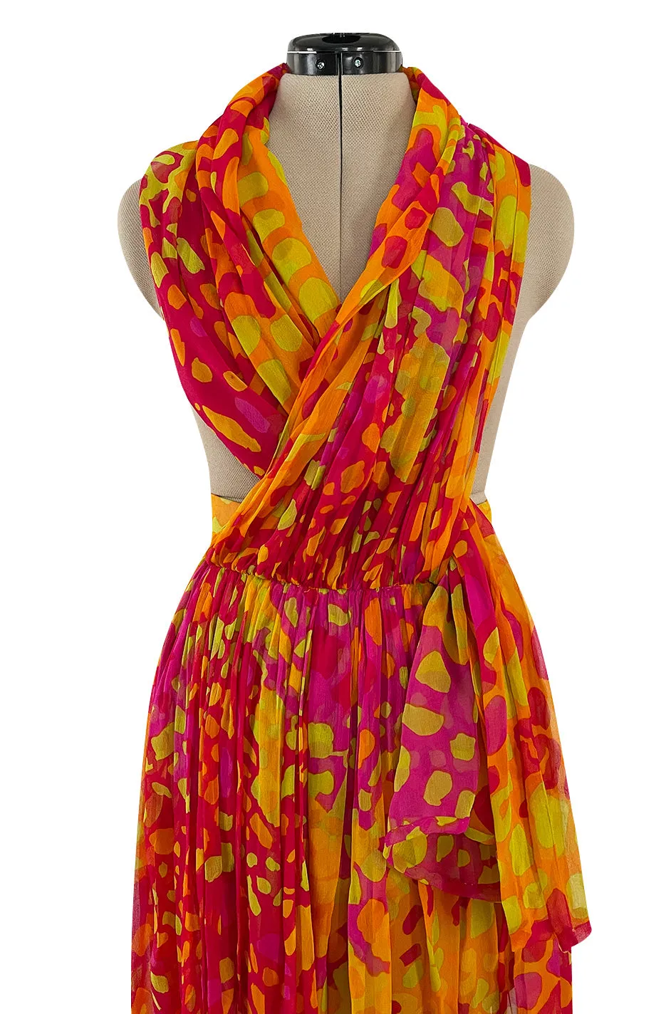 Spring 1967 Pauline Trigere Vogue Documented Printed Silk Chiffon Jumpsuit w Multi Way Front