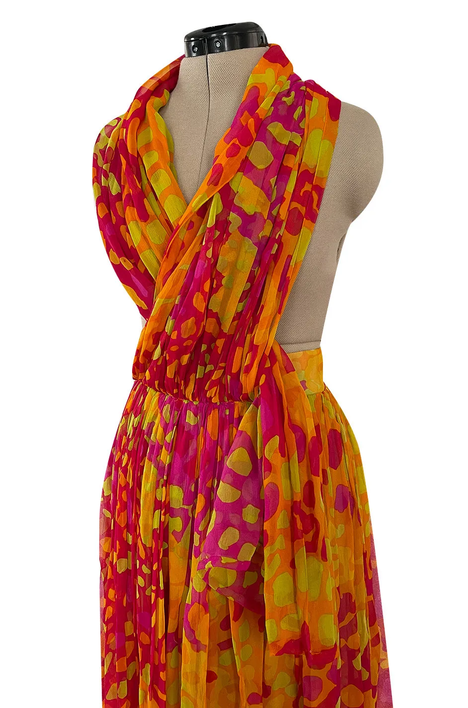 Spring 1967 Pauline Trigere Vogue Documented Printed Silk Chiffon Jumpsuit w Multi Way Front