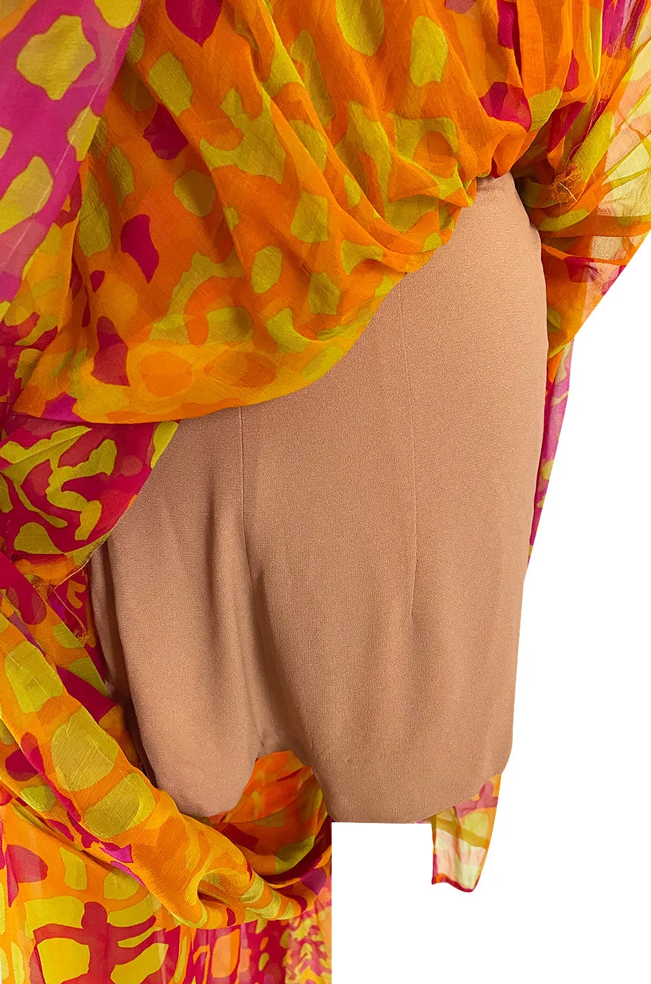 Spring 1967 Pauline Trigere Vogue Documented Printed Silk Chiffon Jumpsuit w Multi Way Front