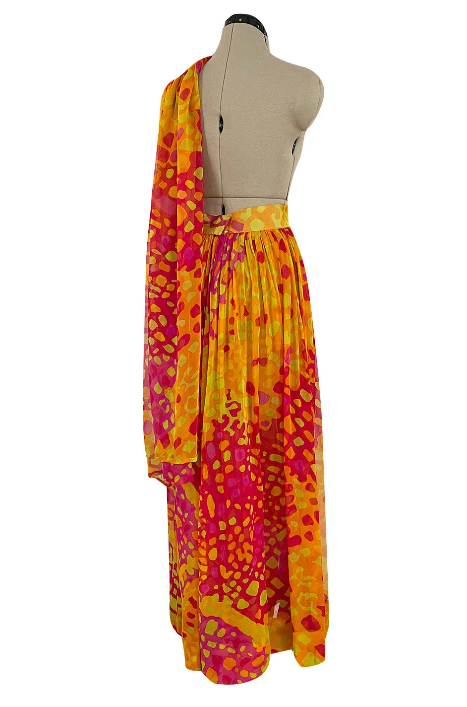 Spring 1967 Pauline Trigere Vogue Documented Printed Silk Chiffon Jumpsuit w Multi Way Front