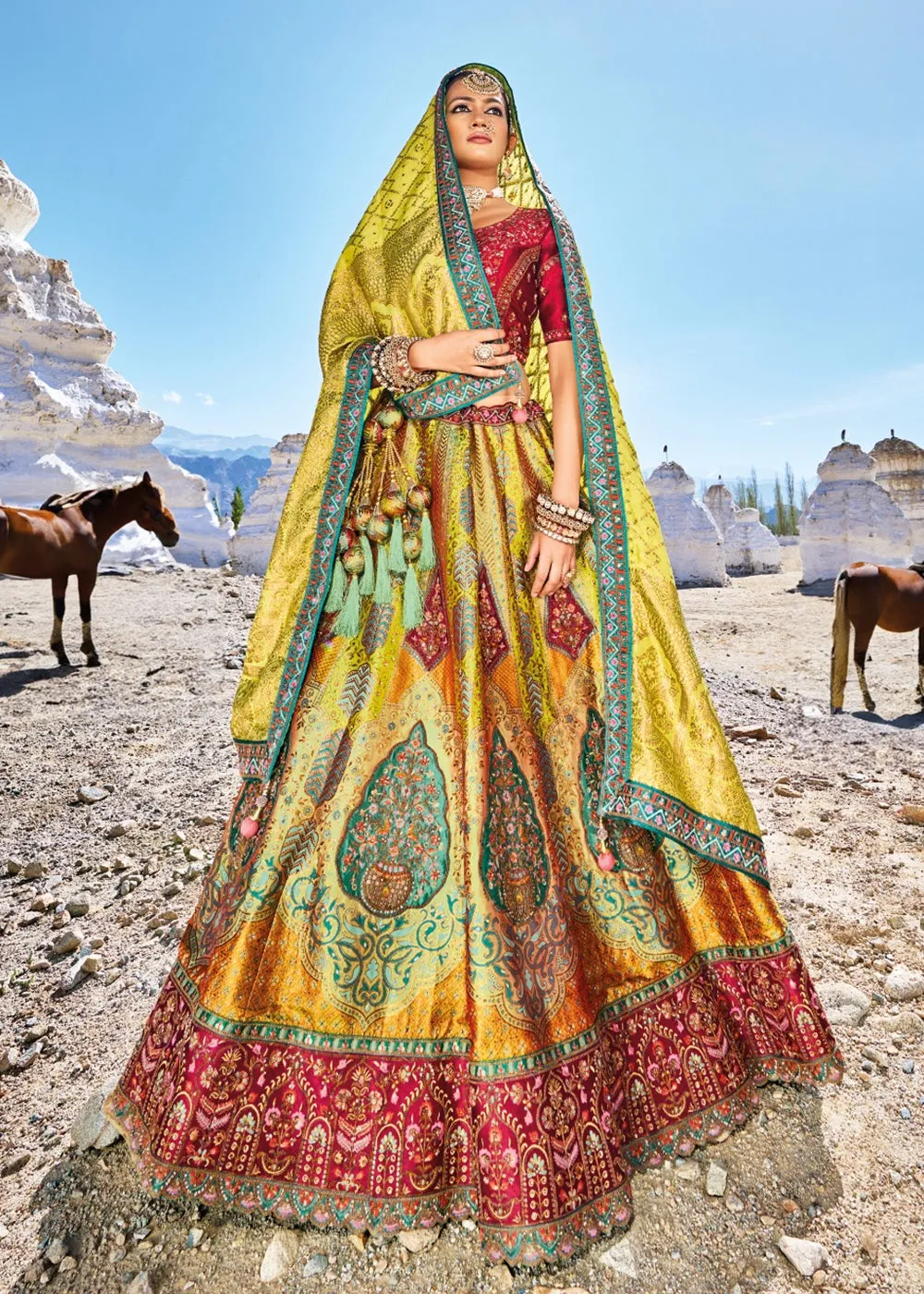 Traditional Green Banarasi Silk Embroidered Bridal Lehenga Choli
