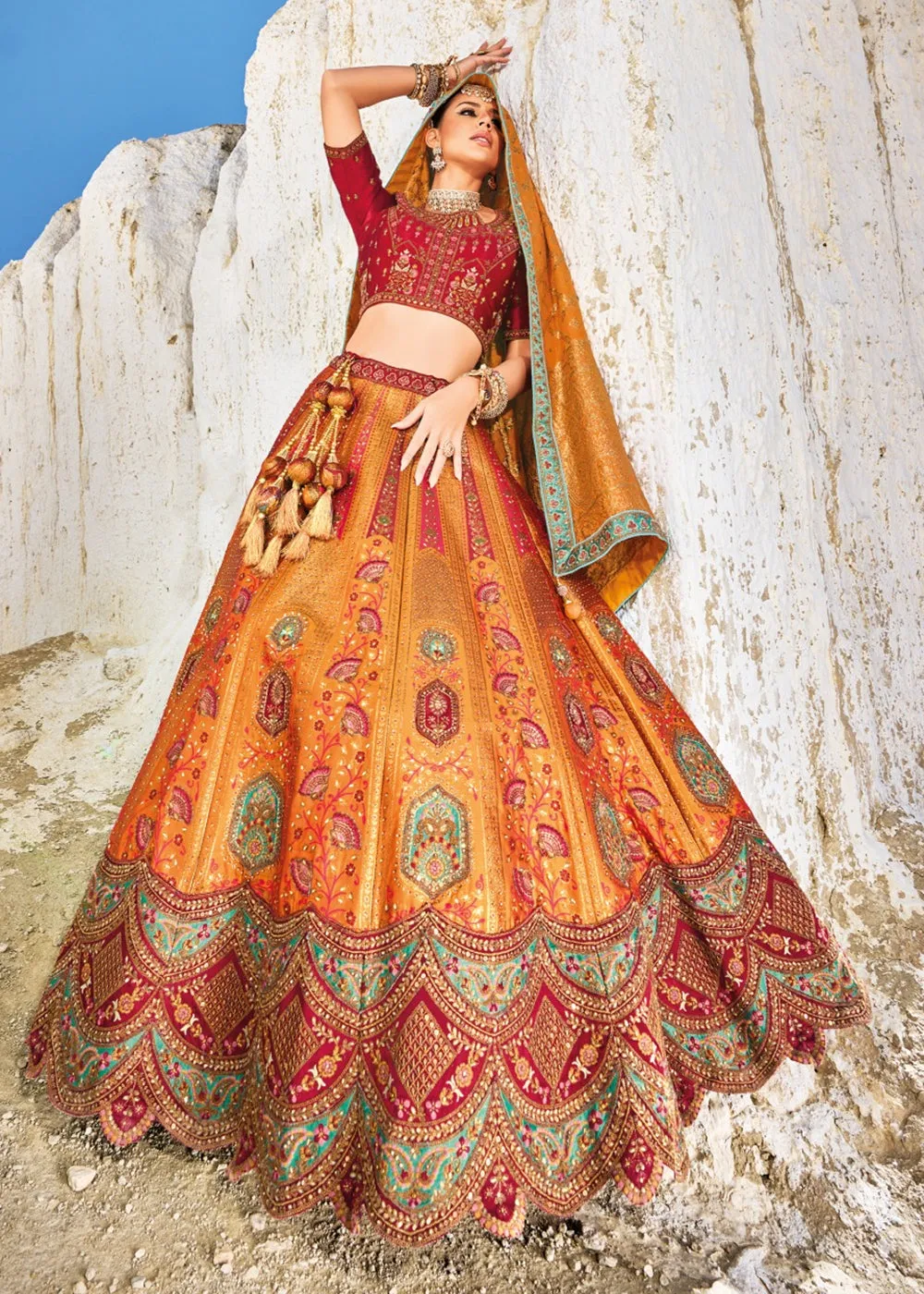 Traditional Orange Banarasi Silk Embroidered Bridal Lehenga Choli