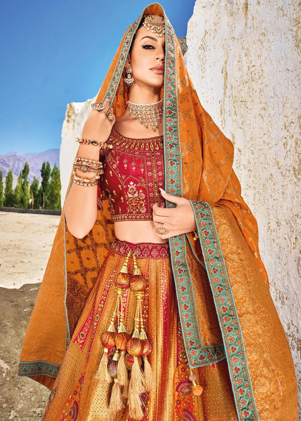 Traditional Orange Banarasi Silk Embroidered Bridal Lehenga Choli