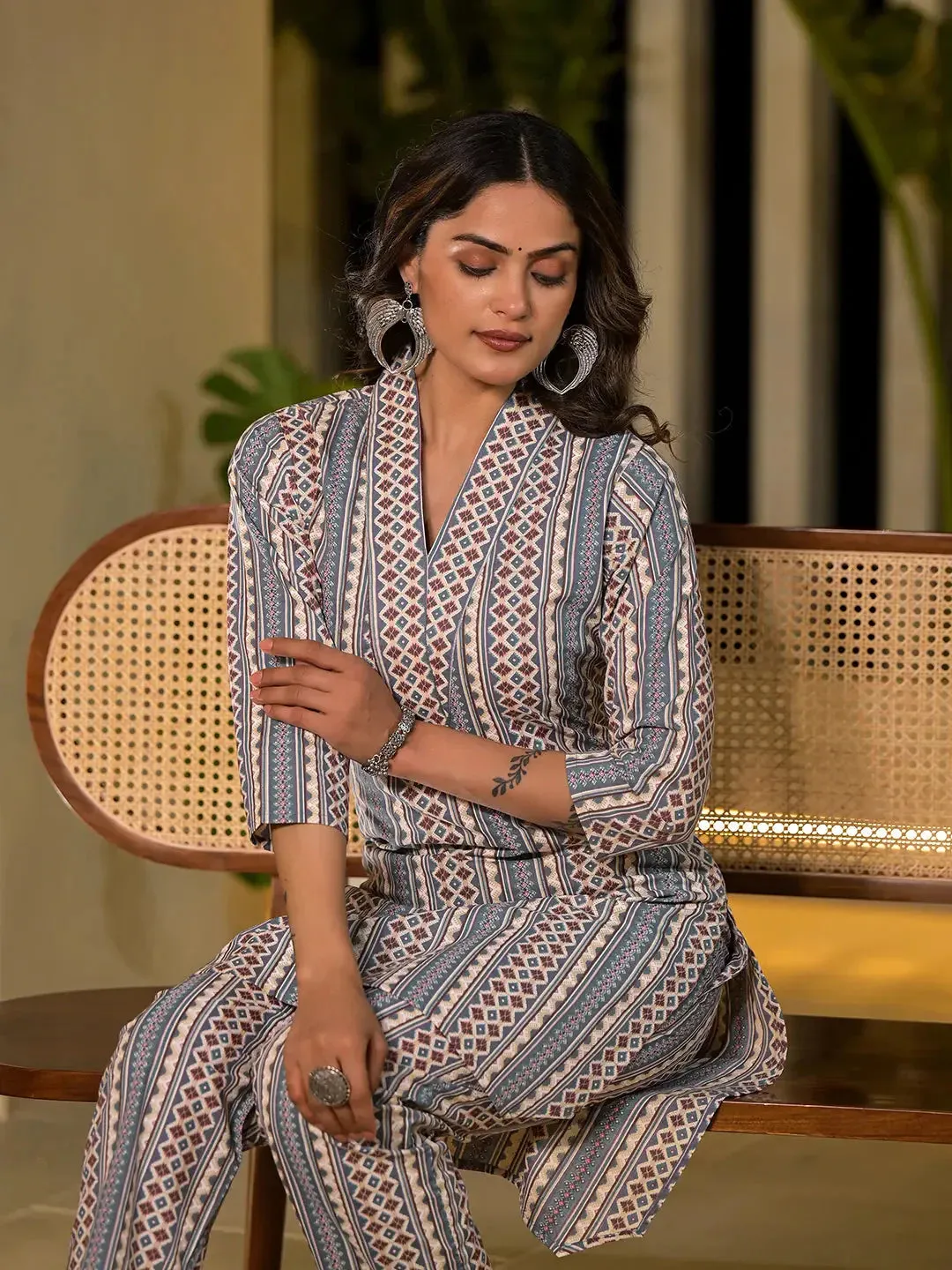 Turquoise Blue Cotton Ethnic Motifs Striped Print Co-Ord Set