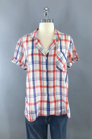 Vintage White & Red Plaid Blouse