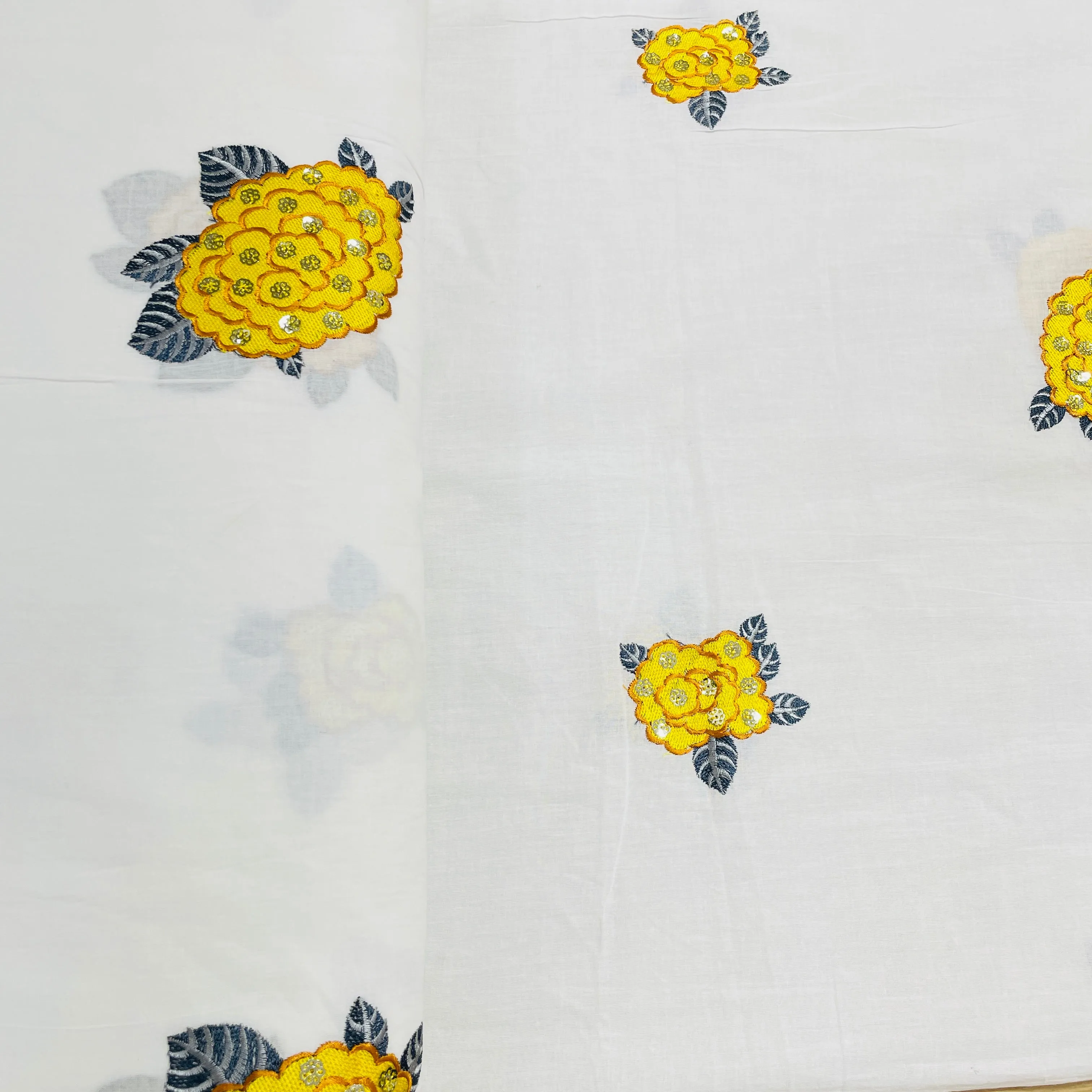 White Yellow Floral Sequins Embroidery Cotton Fabric