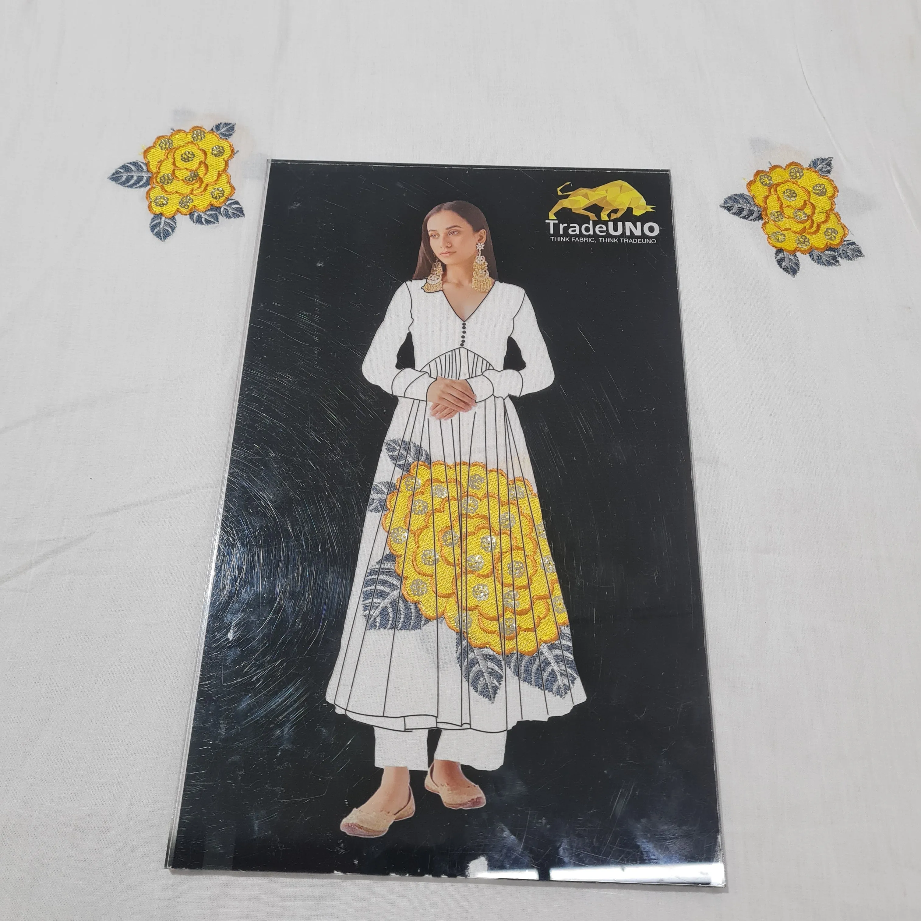 White Yellow Floral Sequins Embroidery Cotton Fabric